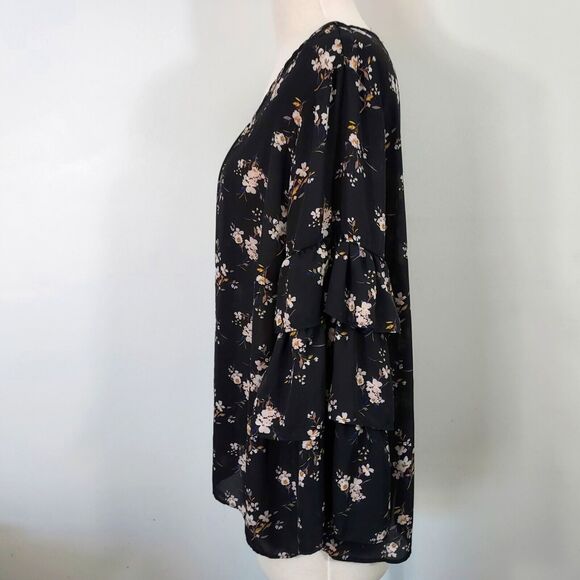 Moa Moa Shirt Top Flowy Black Floral Womens Plus Size 1X Layered Sleeve Keyhole - Picture 5 of 14